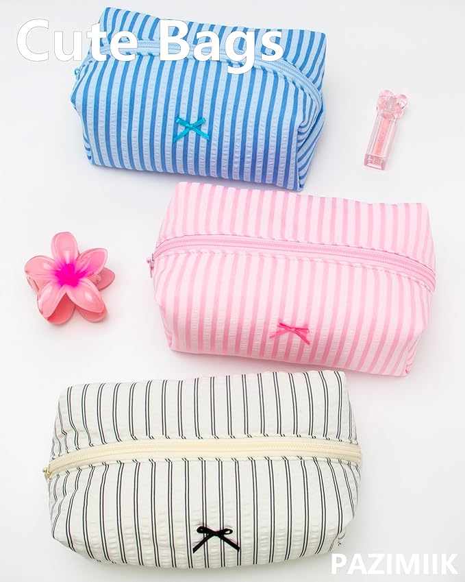 2PCS Cozy Makeup Bag Small Aesthetic Travel Zipper Cosmetic Pouch for Women Make Up Beauty Accessories Brushes, Stripe Cute Pink