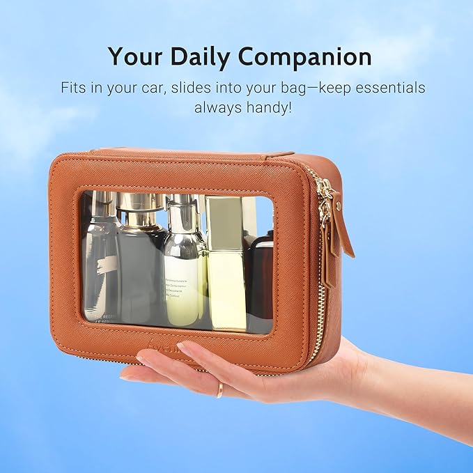 Aveniee Clear Makeup Bag, Travel Toiletry Case for Women, Cosmetic Pouch with Zippers, Car Storage Organizer for Essentials,Brown,Medium Classic