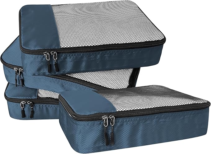 4-Piece Packing Cubes Travel Accessories Set for Suitcases - Luggage Organizer Bags with Double Zipper - Mesh Top - Medium - Dark Blue