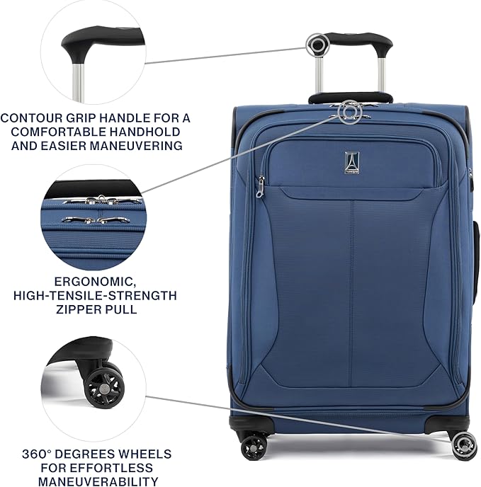 Travelpro Tourlite Softside 25" Expandable Luggage with 4 Spinner Wheels, Lightweight Suitcase, Checked Medium, Blue