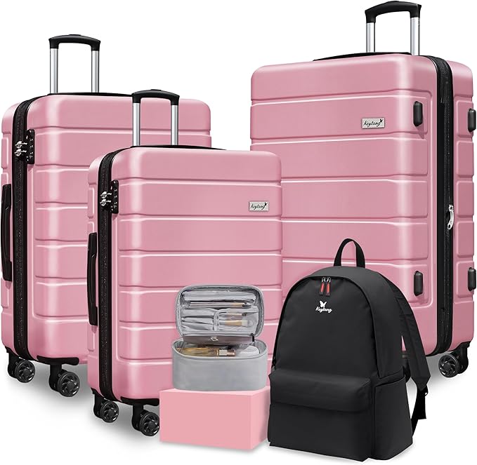 Explorer Luggage Set, Lightweight Hardside Suitcase, Expandable Carry-On Luggage with Travel Backpack & Cosmetic Makeup Bag, 5-Piece Set (20in/24in/28in), Pink