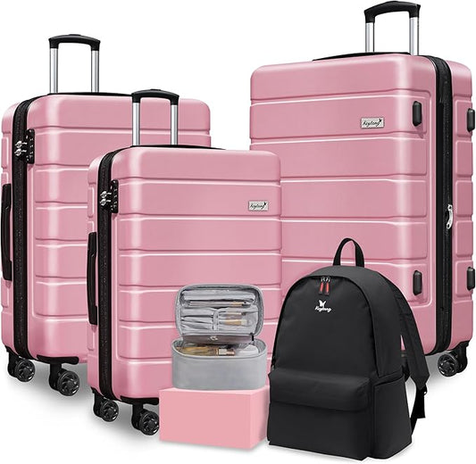 Explorer Luggage Set, Lightweight Hardside Suitcase, Expandable Carry-On Luggage with Travel Backpack & Cosmetic Makeup Bag, 5-Piece Set (20in/24in/28in), Pink