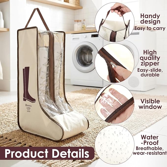 Portable Boots Storage Bag, Beige Dust Proof Boots Protector Carry Bag with Handle Shoe Dust Organizer Packing for Travel and Daily Use(Large)