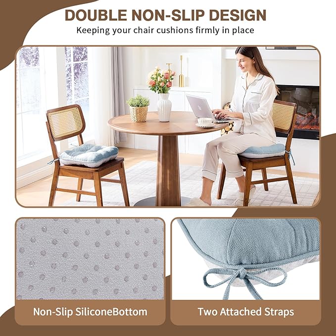 BETU Chair Cushions for Dining Chairs Set of 4,3.5" Thick Kitchen Table Chair Pads with Ties,Non Slip Backing and Covers, Seat Cushion for Dining Room,Bar,Patio Chairs,16"X16"X3.5",Smoky Blue