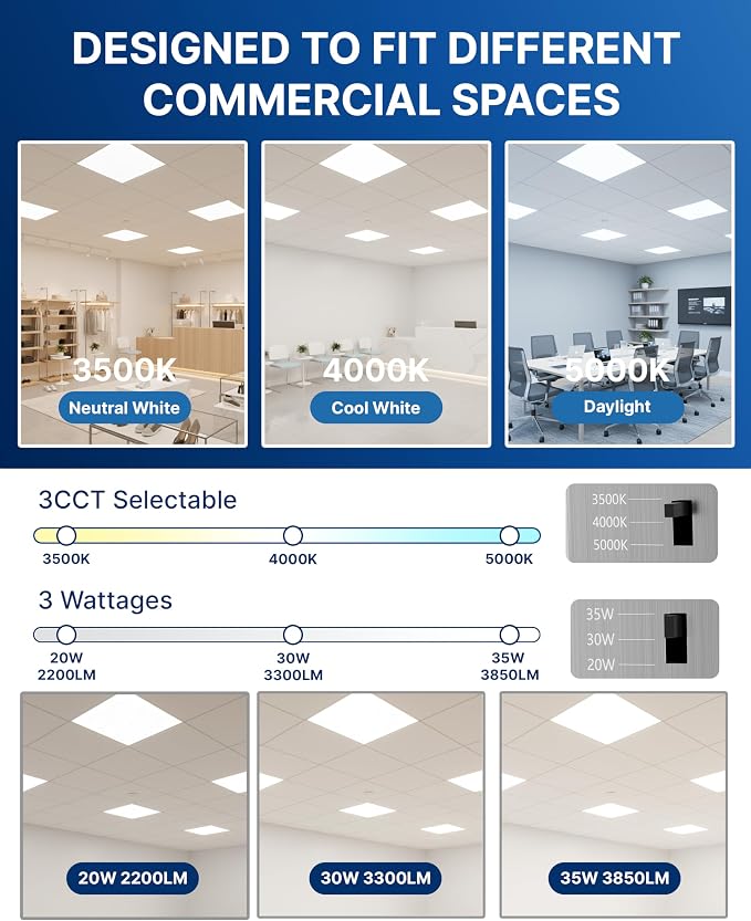 24 Pack 2x2 LED Flat Panel Light, Backlit T-Grid Drop Ceiling Light, 20/30/35W Selectable, 2200/3300/3850LM, 3500K/4000K/5000K 3CCT, 0-10V Dimmable, 120-277V, ETL DLC Listed, Damp Rated