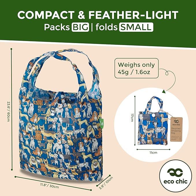 ECO CHIC Foldable Reusable Grocery Bags - Lightweight, Recycled & Reusable Shopping Bag - Waterproof Packable Tote