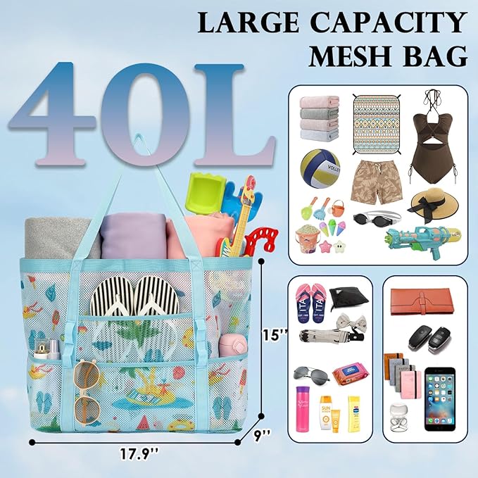 Fammart Mesh Beach Bag, Large Beach Tote with Zipper Pocket, Toys Pool Bag for Family Travel Vacation Cruise Essentials
