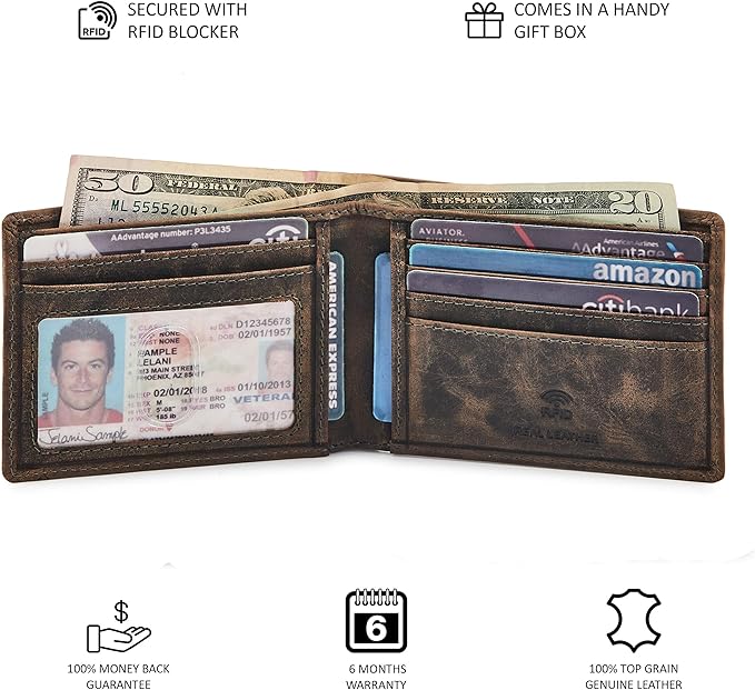 Real Leather Mens Bifold Wallet RFID Blocking Slim Minimalist Front Pocket - Thin & Stylish with ID Window in Gift Box (Crazy Horse, Moss)