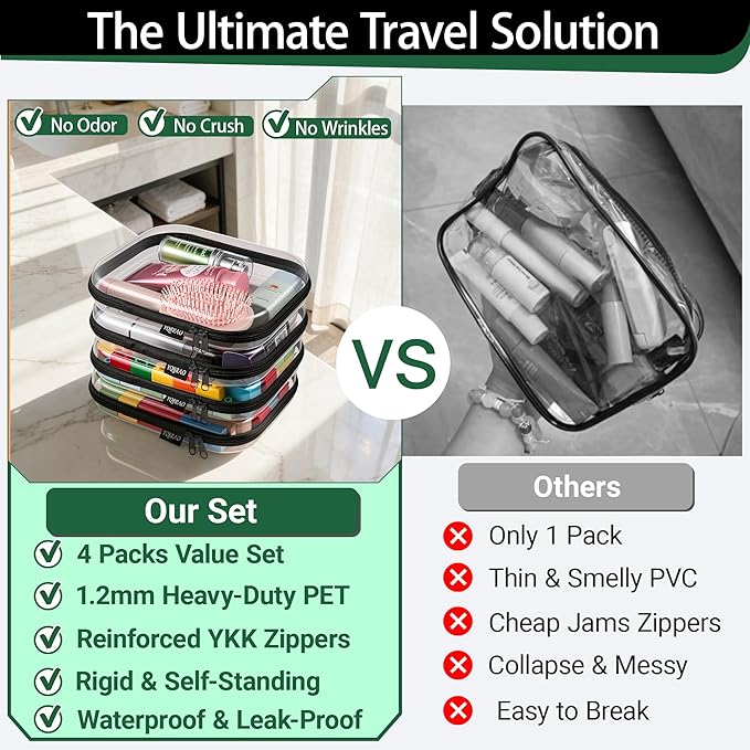 YQBRA 4 Pack Clear Hard Shell Zipper Case, See-Through Hard Plastic Organizer Pouches with Zipper for Travel, Toiletries, Makeup, Toy, Electronics & Pencils - Crush-Resistant Storage (M Black)