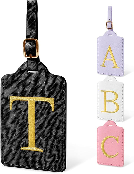 Initial Letter Luggage Tag for Suitcase, Cute Luggage Bag, Waterproof PU Leather Travel Luggage Tag, Suitcase Identifier Name Tag, Monogrammed Suitcases Tags, Bag Tags for Handbags(Black T)