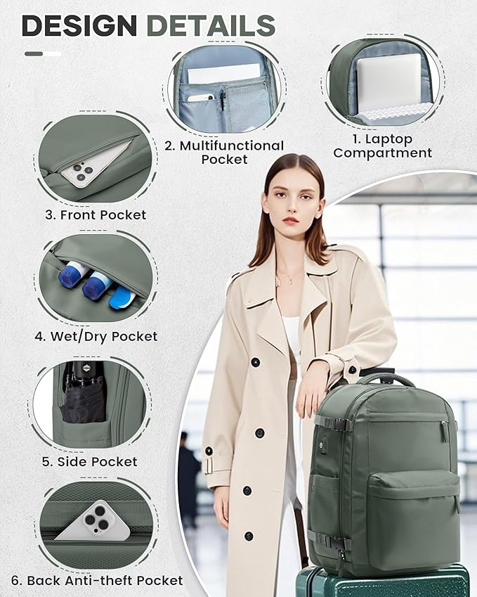 Vacuum Travel Backpack with Pump for Women, Personal Item Carry on Backpacks Flight Approved 18x14x8 inches for Men,Laptop Waterproof Work Compression bags Casual Daypack. Green.