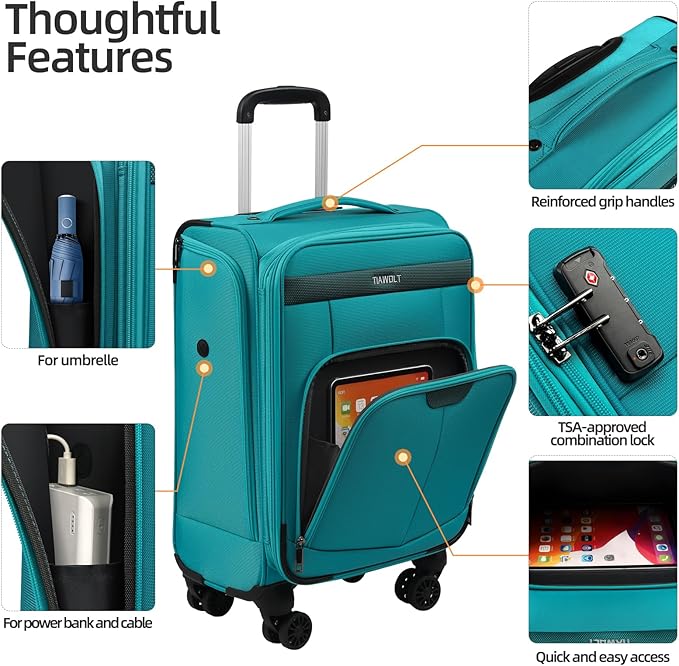 Carry On Luggage 22x14x9 Airline Approved with Wheels,2-piece Luggage Set,Softside Expandable Luggage Suitcase with TSA Lock&Carry-on UnderSeat travel Duffle Bag,Weekender Bag-Green