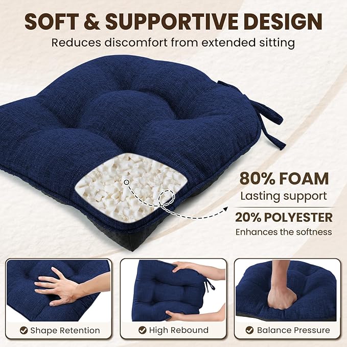 downluxe Indoor Chair Cushions for Dining Chairs, Tufted Overstuffed Textured Kitchen Chair Pads with Ties and Non-Slip Backing, 15.5" x 15.5" x 4", Royal Blue, 6 Pack