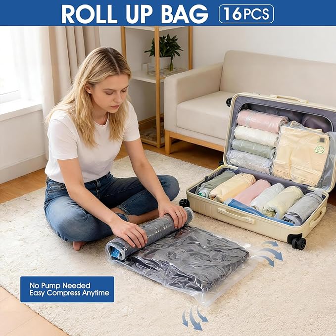 AROIC 50 Pack Vacuum Storage Bags, 5 Sizes + 2 Roll-up (8 Each) Space Saver Vacuum Sealer Bags for Clothing with 1 Electric Pump and 1 Hand Pump, Seasonal Storage Bags for Luggage, Travel Essentials
