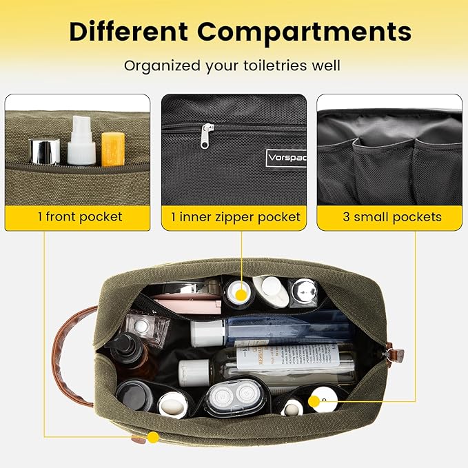 Vorspack Travel Toiletry Bag - Hanging Toiletry Bag for Men Water Resistant Canvas Shaving Bag with Large Capacity for Travel - Green