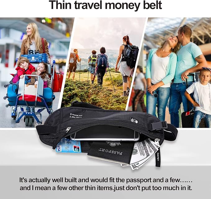 DAITET Money Belt - Passport Holder Secure Hidden Travel Wallet with RFID Blocking, Undercover Fanny Pack (Black)