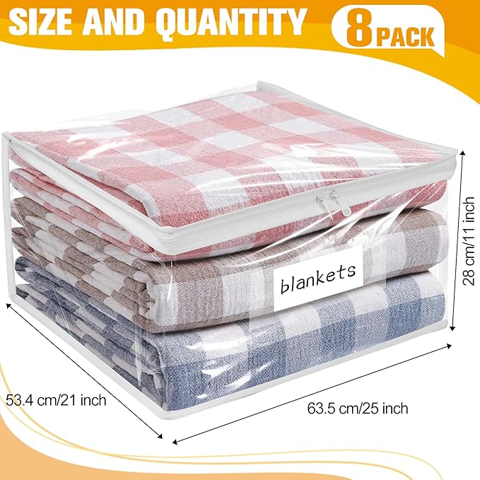Kikerike Plastic Storage Bags with Easy-Glide Zipper, Pack of 8, Durable Clear Vinyl Zippered Storage Bags for Clothes Sweaters Comforters Blankets Sheets Bedding (25 x 21 x 11 Inch)