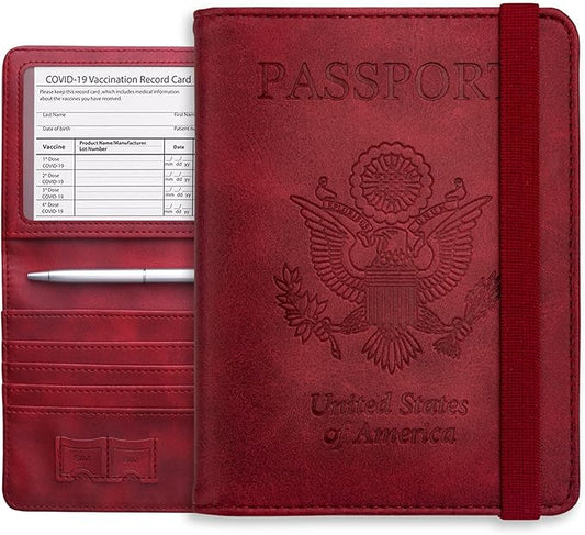 WALNEW Passport Holder Wallet, RFID Blocking Passport Cover Case PU leather Card Holder with Pen and Clear Card Slot for Women Men, Red