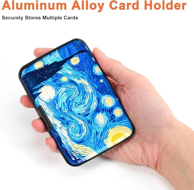 Mayski Credit Card Holder, RFID Blocking, Aluminum Alloy Hard Case, Small Mini Business Metal Wallet for Women Men, The Starry Night