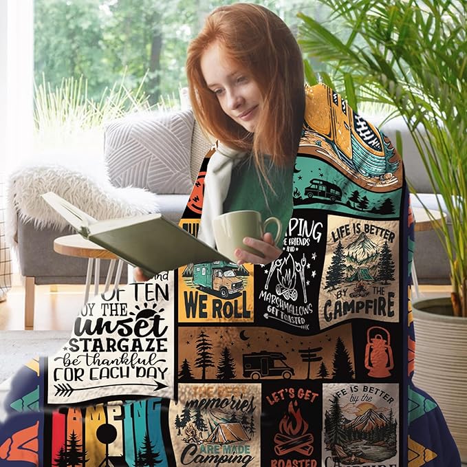 Camping Gifts for Men Women Flannel Throw Blanket, Birthday Ideas for Camper, Vintage Present for Camping Lover RV Owner, Campsite Outdoor Travel Hiking Bed Sofa Blankets 50"x60"