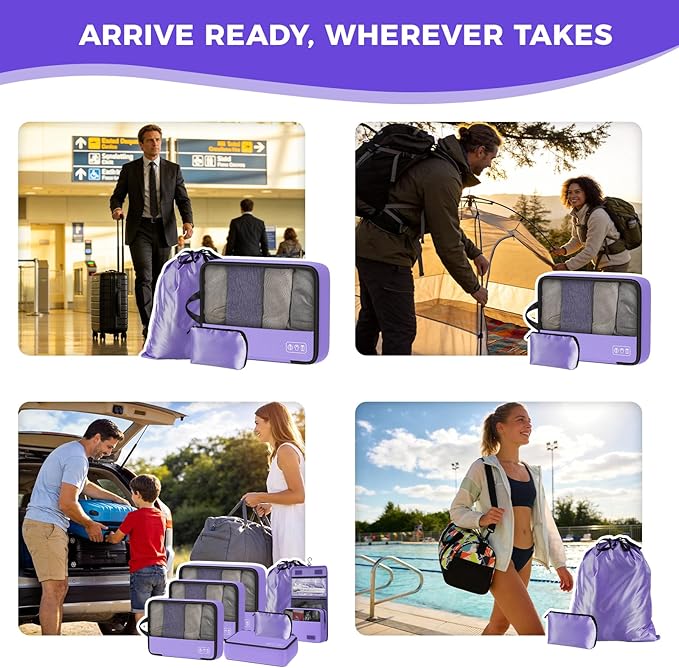 8-Piece Compression Packing Cubes for Travel, Elegant Ultralight Luggage Organizer Set for Women, Space Saving for Carry-On, Suitcase & Vacation Cruise Travel - Purple