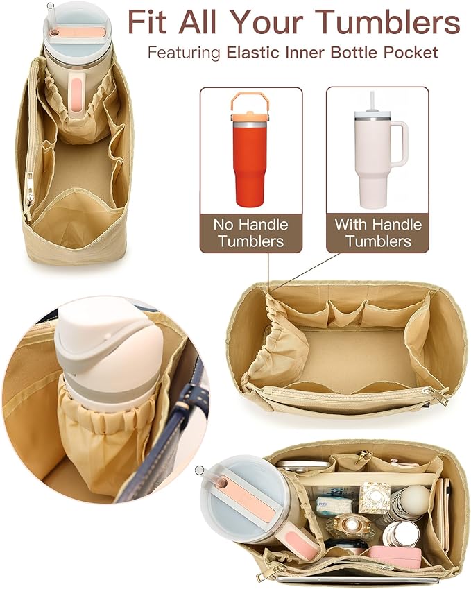 Tote Bag Organizer Insert with Stanley Cup Holder and Zipper Bag, Compatible with Neverfull, Saint Louis and More, 9 Pockets (Beige, Large)