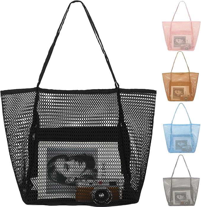 Fammart Mesh Beach Bag, Large Beach Tote with Zipper Pocket, Toys Pool Bag for Family Travel Vacation Cruise Essentials