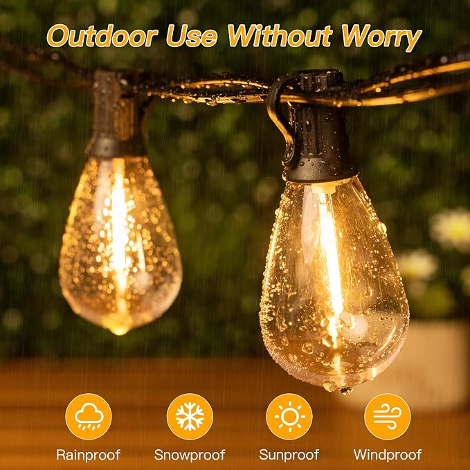 Ollny S11 100FT Outdoor String Lights with Remote, Plug in Waterproof Connectable 3 Modes Dimmable Timers Patio Lights with 48+2 LED Spare Bulbs, Dusk to Dawn Outdoor Light for Outside Bistro Yard