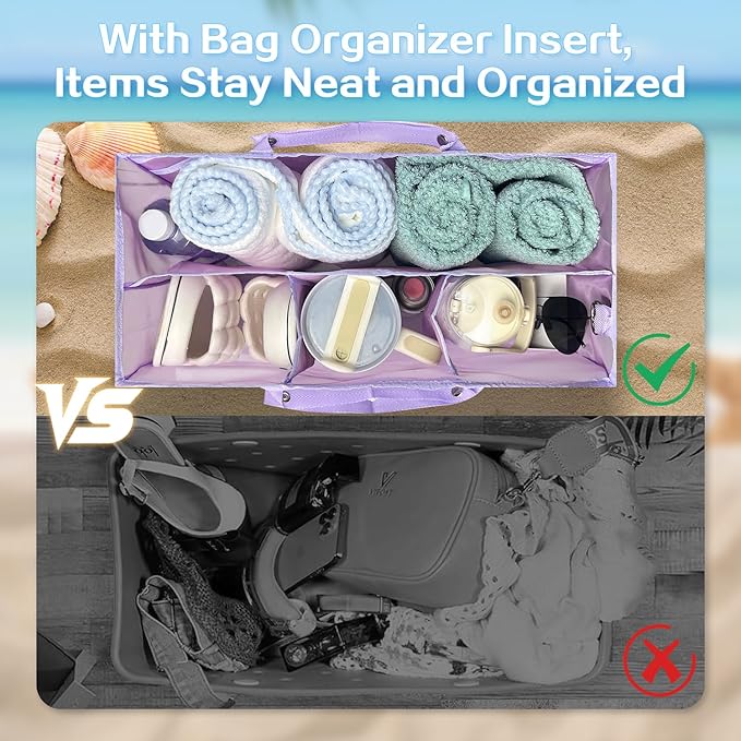 XYFuuee Beach Bag Organizer Inserts for Original Large Bogg Bag Accessories with 8 Removable Metal Fasteners, Lightweight Mesh Insert Divider Pouch, Organizing Rubber Tote, Save Space, Purple XL