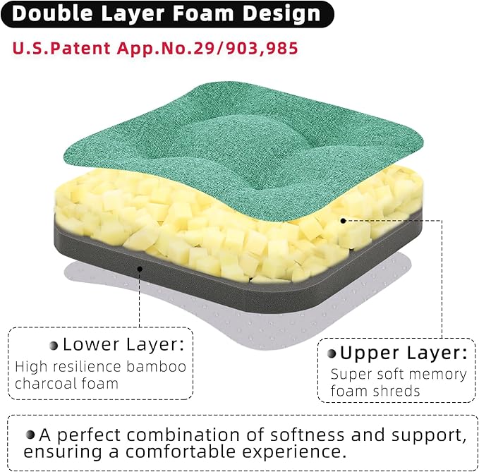GOFORIT Memory Foam Cushion，Square Seat Cushions for Dining Chairs,Non-Slip Chair Pads with Removable Cover, 16'' x 16'', Green