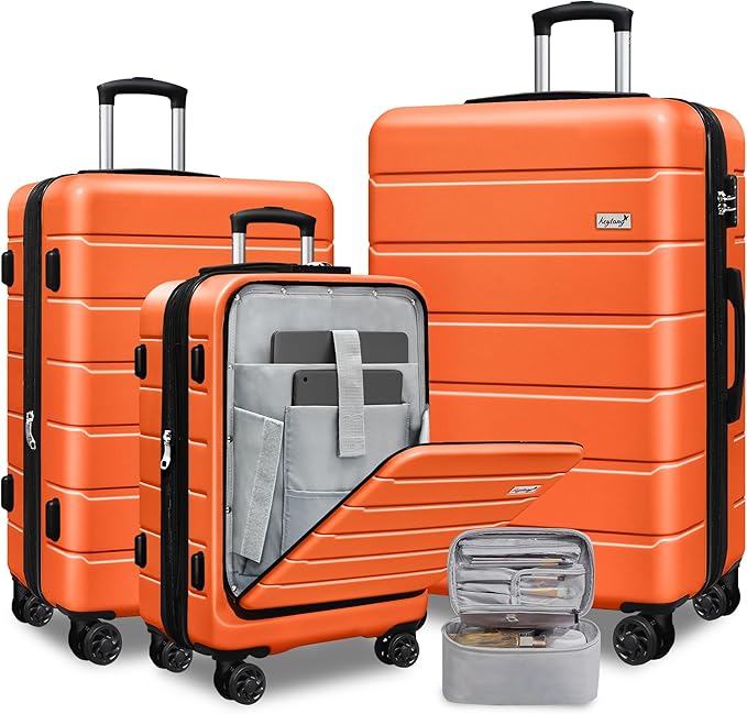 SmileLine 3-Piece Luggage Set Lightweight Hardside Suitcase TSA Lock Spinner Wheels, 20" Expandable Carry-On Luggage with Quick Access Front Open Pocket, Bonus Makeup Bag,Orange