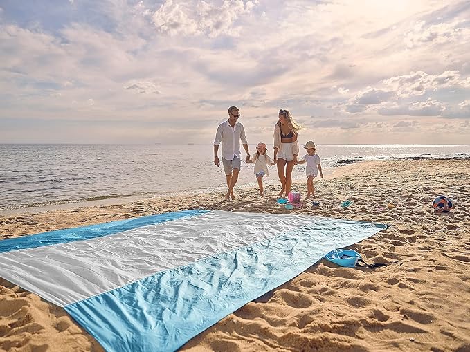 WEKAPO Beach Blanket Sandproof Waterproof, Extra Large Beach Mat, Oversized & Compact Sand Free, Quick Drying Beach Essentials for Vacation, Cruise, Picnic & Camping with Stakes
