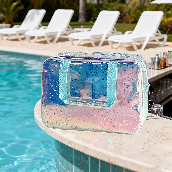 Holographic Blue Clear Star Large Cosmetic Bag and TPU Travel Pouch with Handle,Durable Material,Zipper Design-Ideal for Makeup,Travel Essentials (Holographic Blue+Stars)