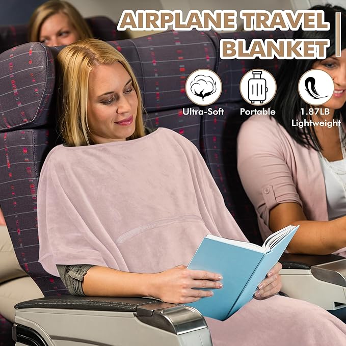 Tirrinia Travel Blanket Airplane Office Poncho 4 in 1 Premium Cozy Fleece Portable Poncho Blankets with Built-in Bag, Pocket