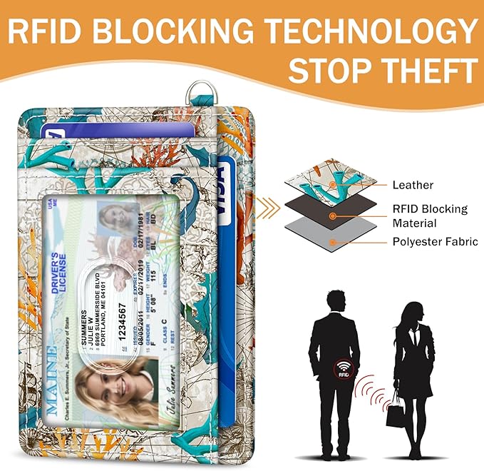 Yonlevres Sea Turtle Credit Card Holder Slim Wallet, RFID Wallet Women Front Pocket Wristlet Lanyard, Small Card Holder Travel Cute Thin ID Window PU Leather Funny Case Organizer Gifts Girls