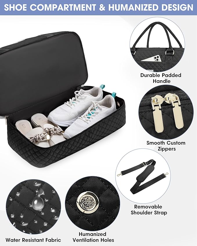 Weekender Travel Duffle Bag for Women: Overnight Bags with Shoe Compartment Carry on duffel Bag for Airplanes with 2 PCS Toiletry Bags Weekend Yoga Gym Hospital Bag with Wet Pocket Black