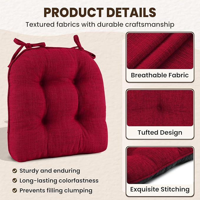 downluxe Indoor Chair Cushions for Dining Chairs, Tufted Overstuffed Textured Kitchen Chair Pads with Ties and Non-Slip Backing, 15.5" x 15.5" x 4", Red, 4 Pack