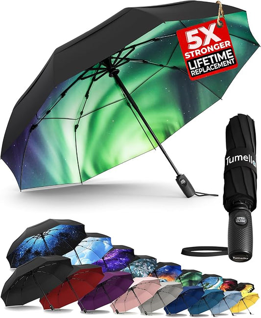 TUMELLA Strongest Windproof Travel Umbrella (Compact, Superior & Beautiful), Small, Wind-Tested, Light & Portable, Automatic Folding Rain Umbrella, Durable Premium Grip, Fits Car and Backpack
