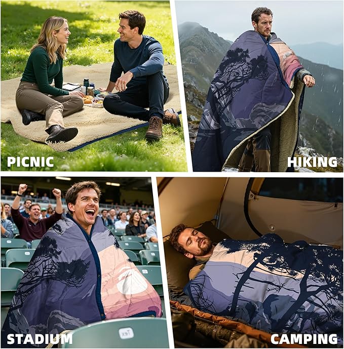 Outdoor Camping Blanket with Sherpa Lining, Extra Warm Thick Camp Blankets and Puffy Ultralight Soft Poncho DWR Camping Quilt for Cold Weather, Adventure, Sleeping, Backpacking 78"x 56"