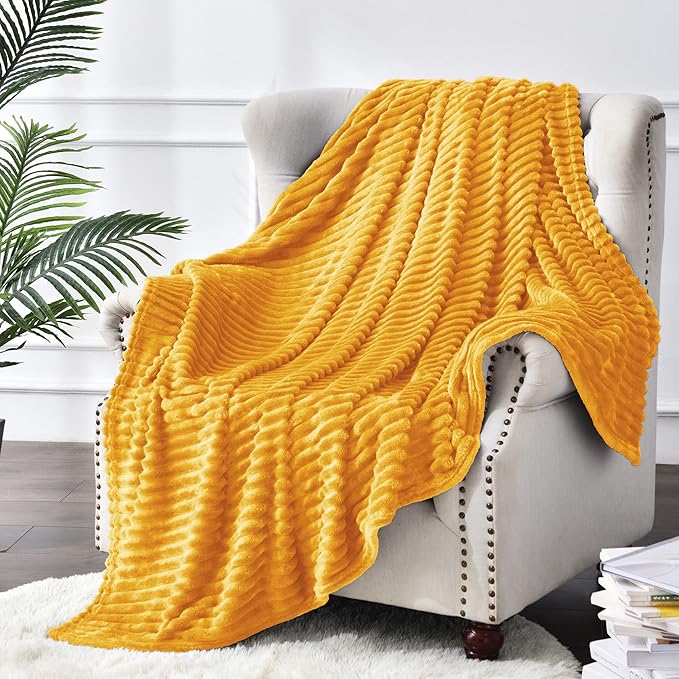 BEDELITE Fleece Throw Blanket for Couch – 3D Ribbed Jacquard Soft and Warm Decorative Fuzzy Blanket – Cozy, Fluffy, Plush Lightweight Mustard Yellow Throw Blankets for Bed, Sofa, 50x70 inches