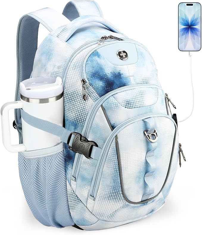 Swissdigital Laptop Backpack with USB Charging Port, Travel Backpack Fits 15.6 inches Computer, 31L Backpack for Men, Polka Blue | SD803-105