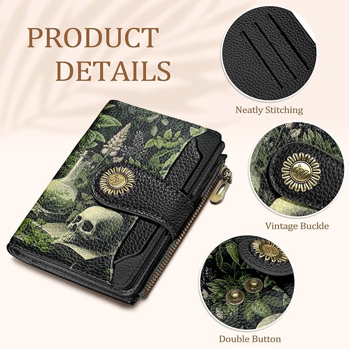 Icycay Goth Gothic Skull Small Wallet Women RFID Blocking Bifold, Credit Card Holder, Zipper Coin Pocket, Funny Witchy, Compact, Travel, PU Leather, 4 ID Window 14 Card Slots, Cash Purse, Ladies Woman