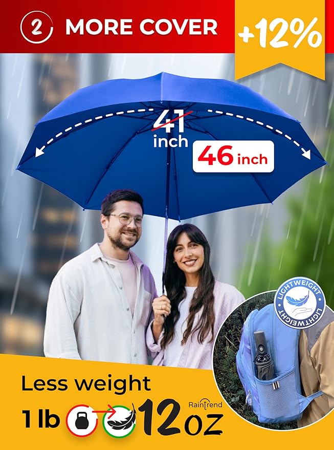 Raintrend Windproof Travel Umbrellas for Rain Automatic +10% Bigger Canopy Strong Frame Compact Folding Portable Umbrella for Women Men Backpack Purse