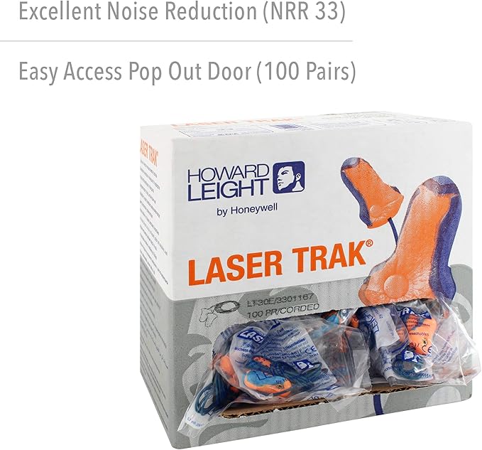 Howard Leight by Honeywell LT-30 Hundred-Pair 32NRR Laser Trak Corded Single-Use Earplugs - Orange/Blue