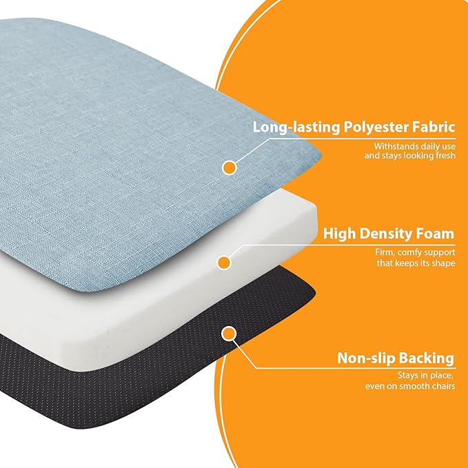 Chair Cushions for Dining Chairs, 2" Thick Seat Cushions for Kitchen Chairs, D-Shaped Chair Pads with Washable Cover, Ties and Non Slip Backing, 17'' x 16'', Set of 4, Light Blue
