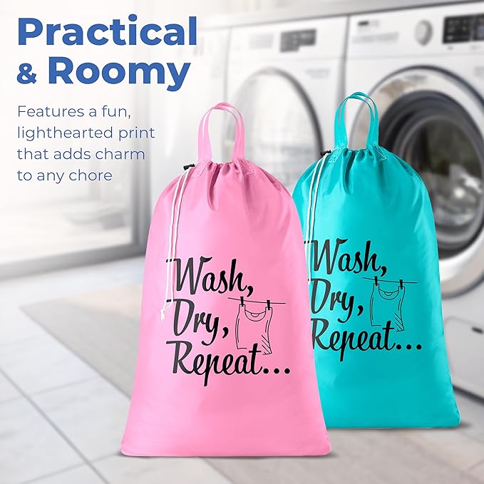 Handy Laundry Extra Large Travel Laundry Bags 2-Pack – Heavy Duty, Water-Resistant, Holds 4 Loads, Drawstring Closure, Fun Print for Camping, Dorms, Travel, Pink-Teal, 24 x 36 in