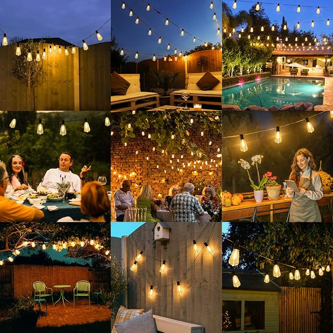 150FT Outdoor String Lights 77 Bulbs, Waterproof Patio Lights | 2 Spare ST38 Edison Bulbs Dimmable, Connectable Plug-in LED Outdoor Lighting for Porch, Garden, Backyard, Balcony, 2700K