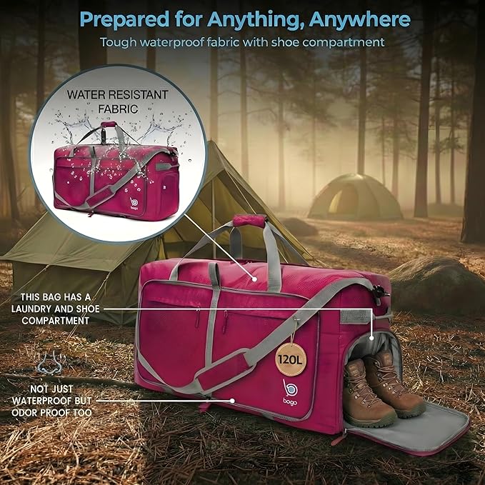 Bago Extra Large Duffle Bag for Travel Women & Men. Durable, Lightweight, Foldable Travel Duffel Bags For Traveling Women. 120L Duffle Bags Use As a Weekender Bag with Shoe Compartment, Checked Duffel