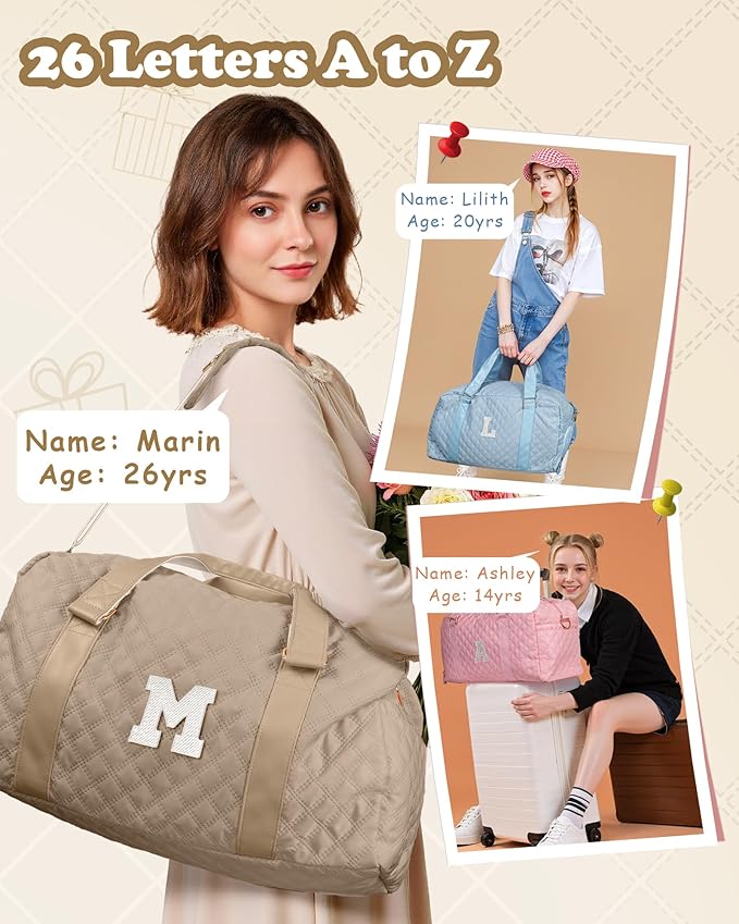 Initial Travel Duffle Bag Women Girls Gift: Personalized Weekender bags, Dance Cheer bag Sports for Girl, Kid Gymnastics Bags, Birthday Gifts for Women Girls Kids Teens Mom Teacher