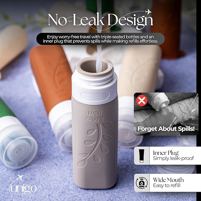 unigo Silicone Travel Bottles Set for Toiletries, Airplane Approved TSA Carry On Size, BPA Free Leakproof Refillable Squeeze Containers with Labels, Cleaning Brush and Covers (Multicolor C)